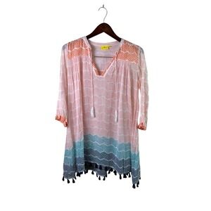 Roller Rabbit Women's Boho Tunic Top Blouse Long Sleeve Tassel Orange Cream XS